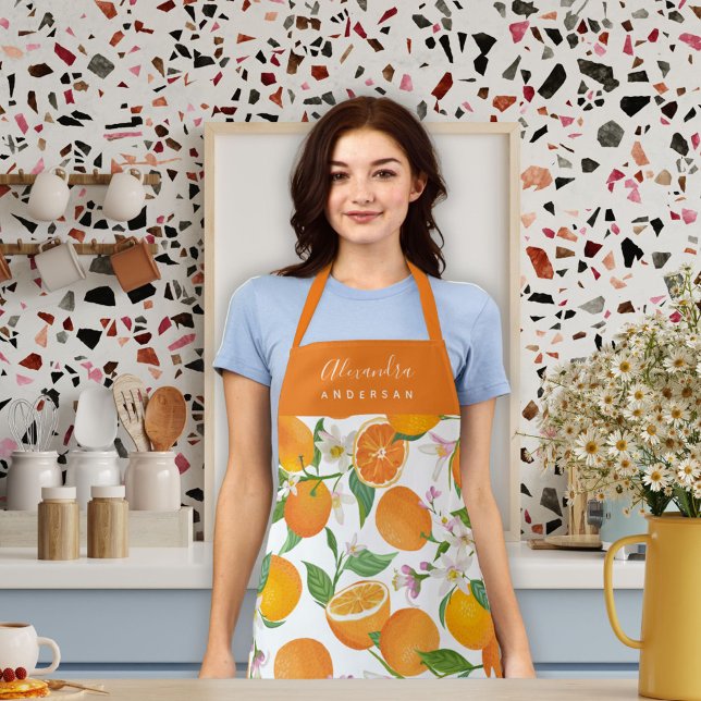 Personalisierte Orange Citrus Muster Schürze (Orange Citrus Watercolor Script Name Stylish Chef Apron)