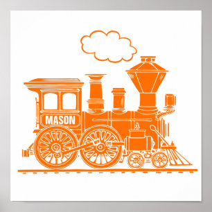 Personalisierte orange Dampfzug-Kinderzimmer-Kunst Poster