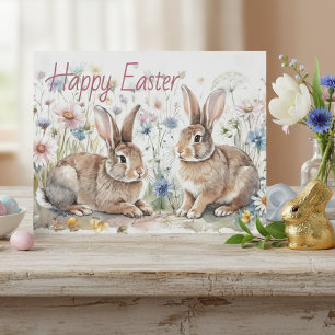 Personalisierte Osterhasen und florale Aquarellmal Postkarte