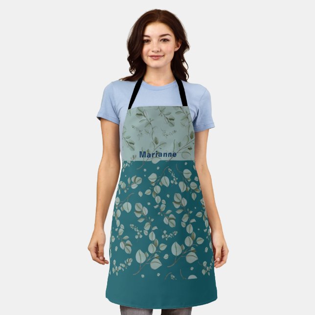 Personalisierte Ozean Blues Grüntöne Florals Schürze (Getragen)