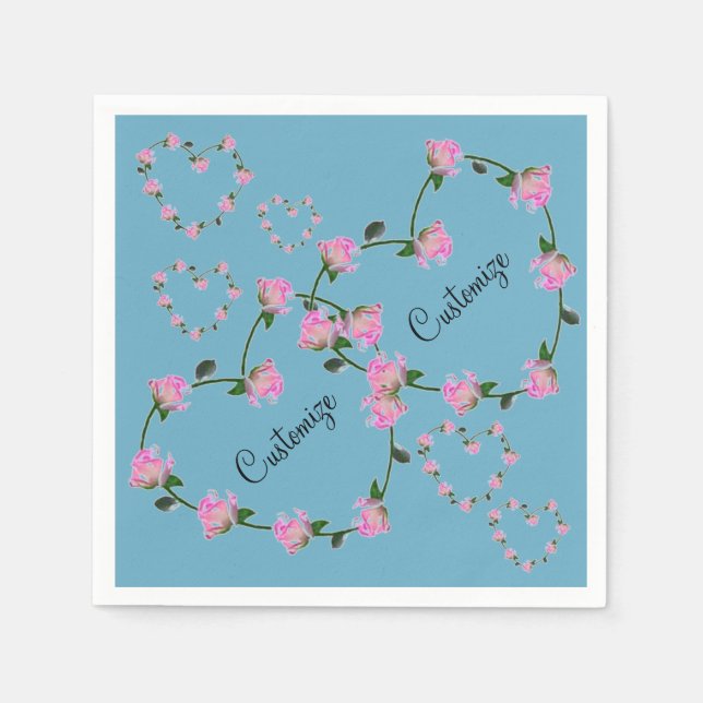 Personalisierte Paare Pink Rose Hearts Blue Napkin Serviette (Vorderseite)