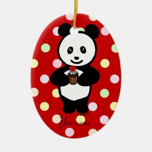 Personalisierte Panda-Cartoon-und Polka-Punkte Keramik Ornament