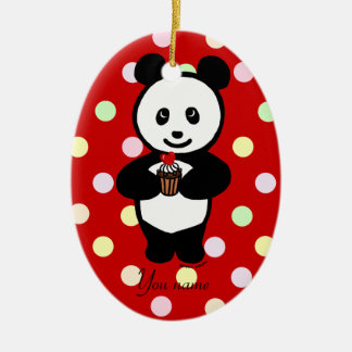 Personalisierte Panda-Cartoon-und Polka-Punkte Keramik Ornament