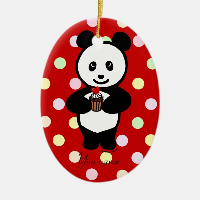 Personalisierte Panda-Cartoon-und Polka-Punkte Keramik Ornament (Vorne)