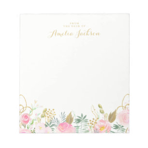 Personalisierte Papeterie mit gold-rosa Blumenmust Notizblock
