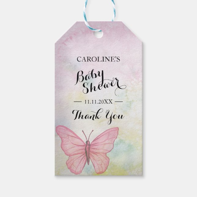 Personalisierte Pastel Butterfly Pink Babydusche Geschenkanhänger (Vorderseite)