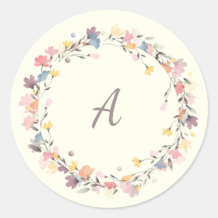 Personalisierte Pastel Floral Wreath Monogram Runder Aufkleber