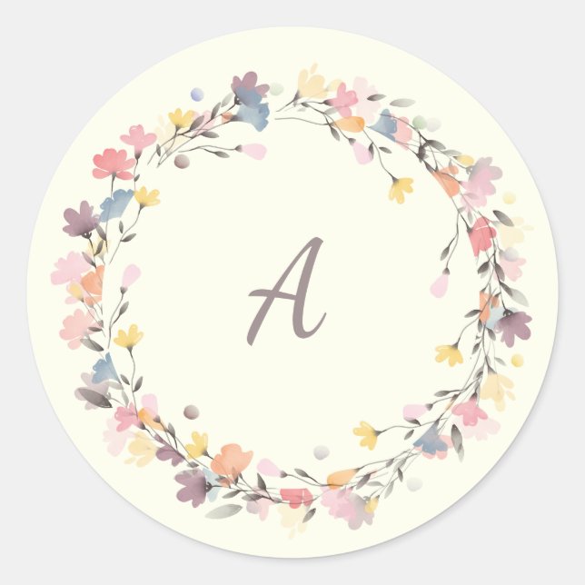 Personalisierte Pastel Floral Wreath Monogram Runder Aufkleber (Vorderseite)