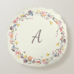 Personalisierte Pastel Floral Wreath Monogram Rundes Kissen