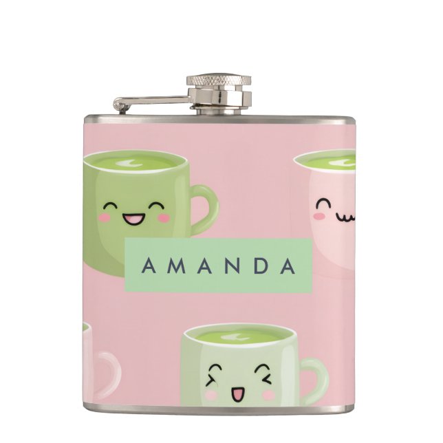 Personalisierte Pastel Kawaii Matcha Teemuster Flachmann (Vorderseite)