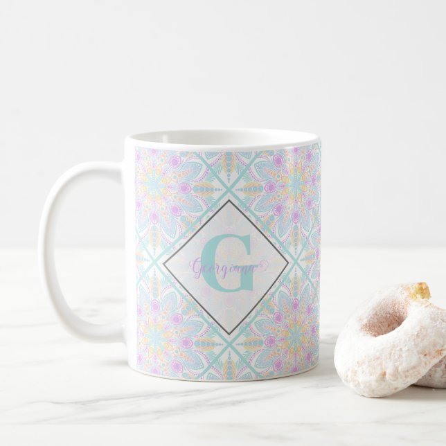Personalisierte Pastel Rainbow Floral Mandala gete Kaffeetasse (Mit Donut)