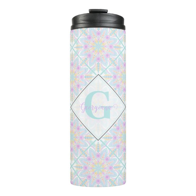 Personalisierte Pastel Rainbow Floral Mandala gete Thermosbecher (Vorderseite)