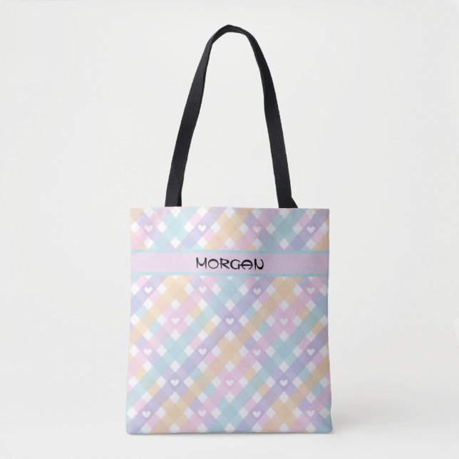 Personalisierte Pastel Rainbow Gingham Pattern Tas (Vorderseite)