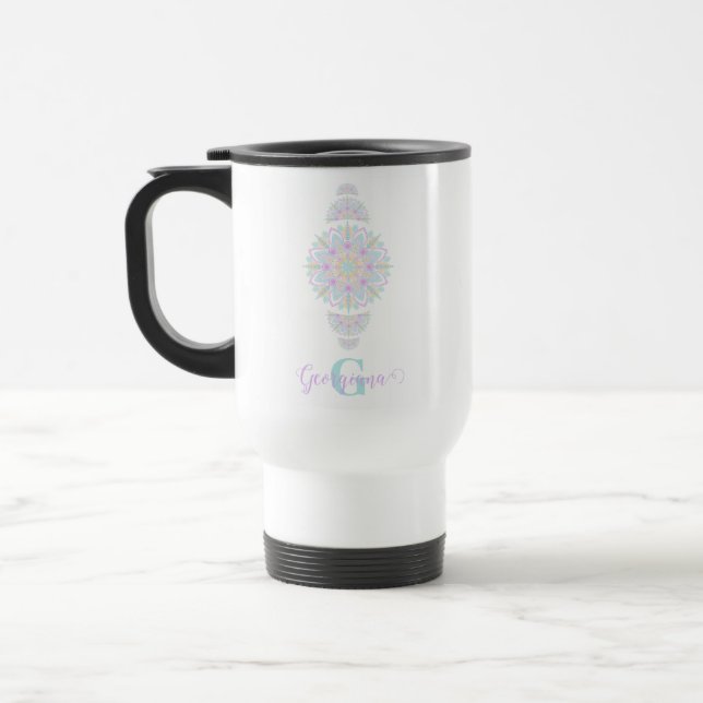 Personalisierte Pastel Rainbow Ornamental Dot Mand Reisebecher (Links)