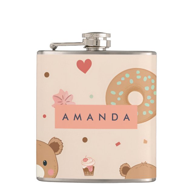Personalisierte Pastel Teddy Bear und Donut Desser Flachmann (Vorderseite)