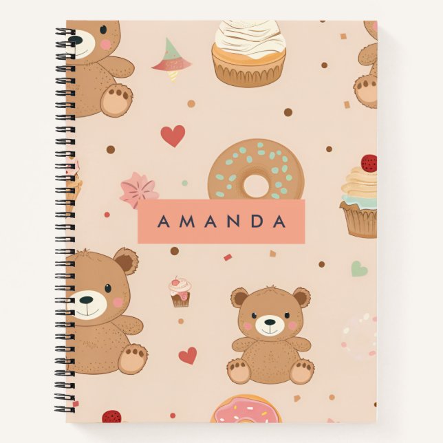 Personalisierte Pastel Teddy Bear und Donut Desser Notizbuch (Vorderseite)