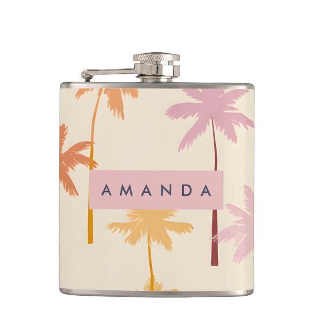 Personalisierte Pastel Tropical Sunset Palm Tree Flachmann (Vorderseite)