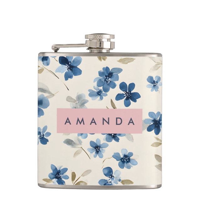 Personalisierte Pastel Watercolor Blauer Blossom Flachmann (Vorderseite)