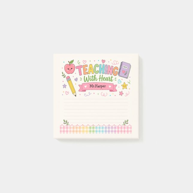 Personalisierte Pastell-Gingham-Lehrerin Mit Herz  Post-it Klebezettel (Vorderseite)