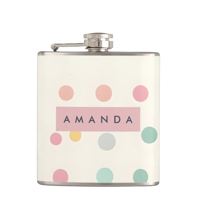 Personalisierte Pastell-Macaron-Polka-Punkte Flachmann (Vorderseite)