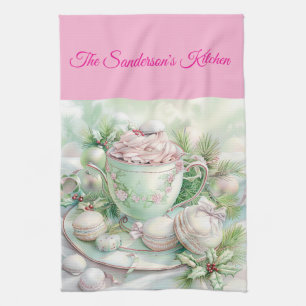 Personalisierte Pastell-Pink- und Grün-Weihnachtsk Geschirrtuch