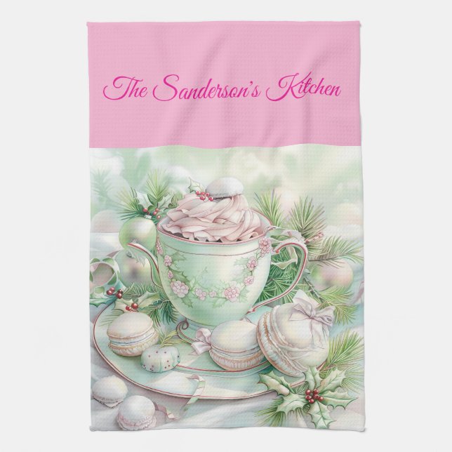 Personalisierte Pastell-Pink- und Grün-Weihnachtsk Geschirrtuch (Vertikal)