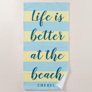 Personalisierte Pastellblaue und gelbe Streifen Strandtuch