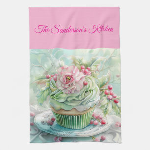 Personalisierte Pastellrosa und Grüne Weihnachtskü Geschirrtuch