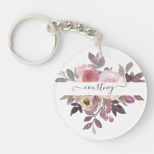 Personalisierte Pastellrosa und violette Blumen Schlüsselanhänger