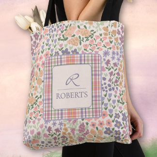 Personalisierte Patchwork-Blumen- und Karo-Tasche