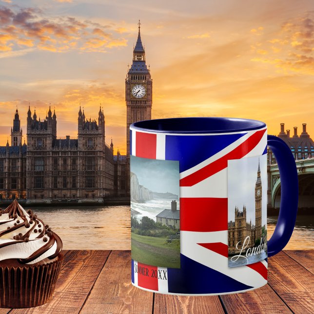 Personalisierte Patriot UK Flag Foto Tasse (Photo mug featuring your own favorite photos framed by an image of the British flag)