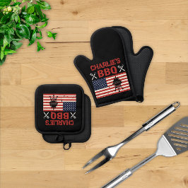 Personalisierte Patriotische GRILLEN Grill Ofenhandschuh & Topflappen-Set