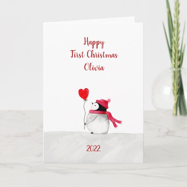 Personalisierte Peggy Penguin 1. Weihnachtskarte Karte (Vorderseite)