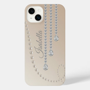 Personalisierte Perle und Diamanten auf Beige iPhone 14 Plus Hülle