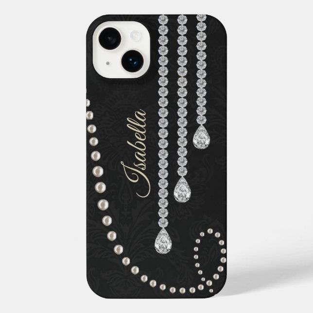 Personalisierte Perle und Diamanten auf Black N iPhone Hülle (Rückseite)
