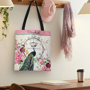 Personalisierte Pfau- und Frühlingsblumen-Tragetas