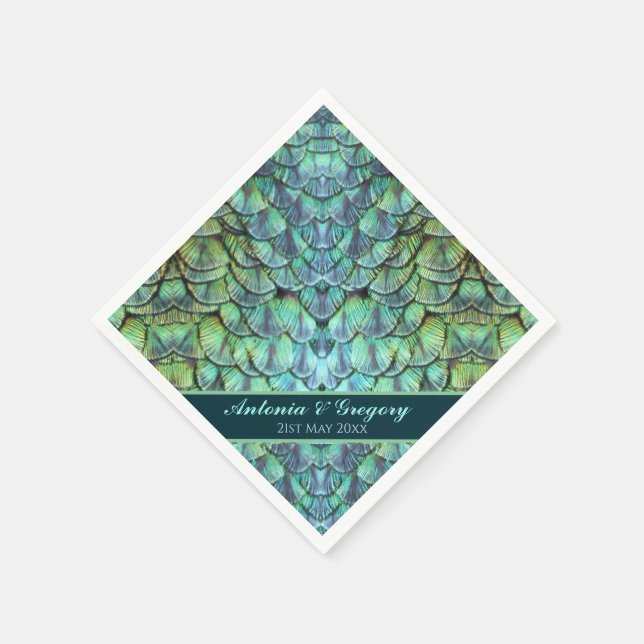 Personalisierte Pfauenfeathers Hochzeitspapier Nap Serviette (Ecke)