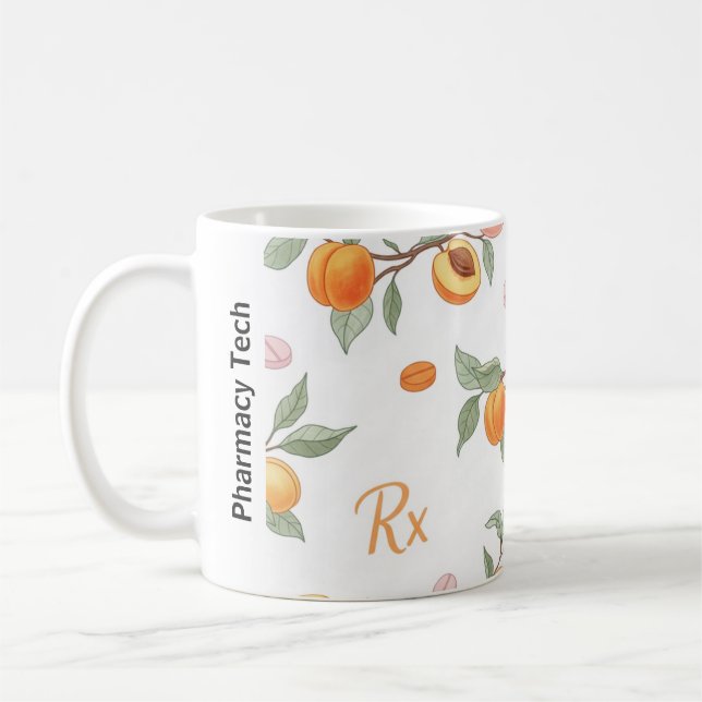 Personalisierte Pfirsiche, Aprikosen und RX Pharma Kaffeetasse (Links)