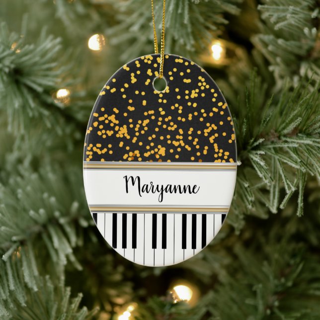 Personalisierte Piano Keys Gold Polka Dots Muster Keramik Ornament (Baum)