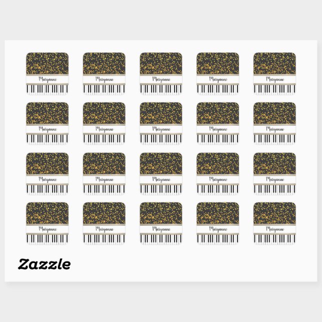 Personalisierte Piano Keys Gold Polka Dots Muster Quadratischer Aufkleber (Blatt)