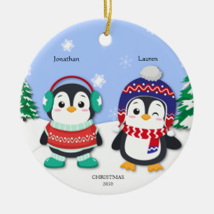 Personalisierte Pinguin Boy and Girl Snow Scene Keramik Ornament