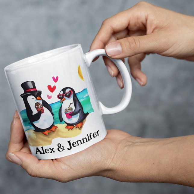 Personalisierte Pinguin-Doppelnamen Kaffeetasse (Penguin couple mug design)