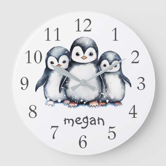 Personalisierte Pinguine Kinderzimmer Wall Clock Große Wanduhr (Vorderseite)