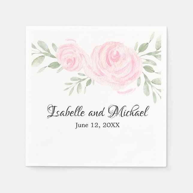 Personalisierte Pink Blush Wasserfarbe Rose Hochze Serviette (Vorderseite)
