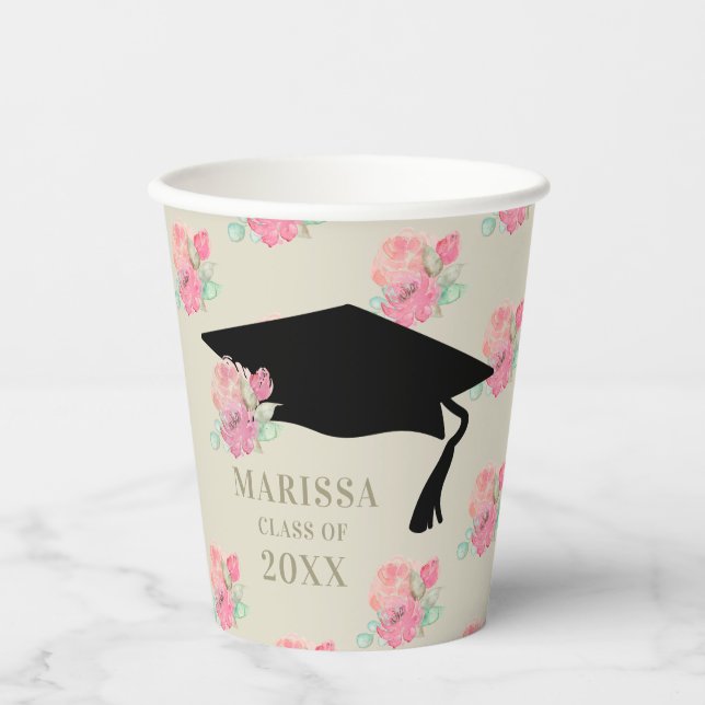 Personalisierte Pink Floral Girl's Graduation Part Pappbecher (Vorderseite)