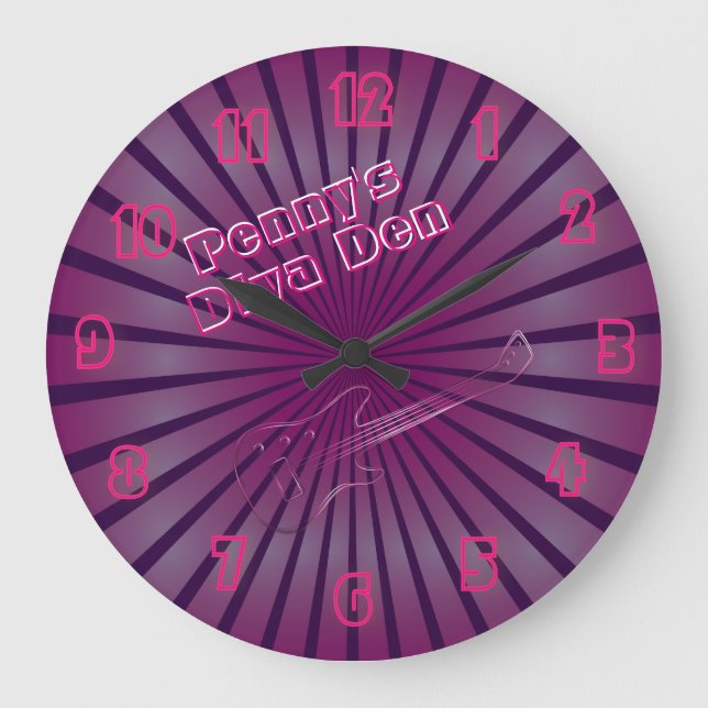 Personalisierte Pink Guitar Diva Den Neon Große Wanduhr (Vorderseite)