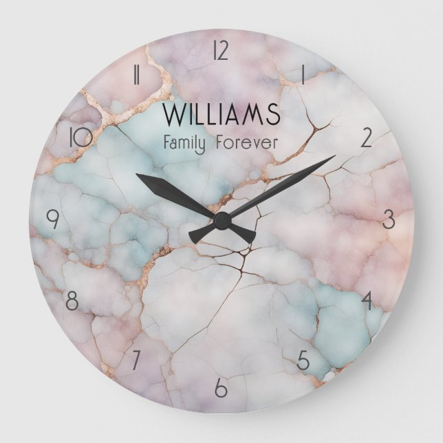 Personalisierte Pink Marble Stone Family Große Wanduhr (Vorderseite)