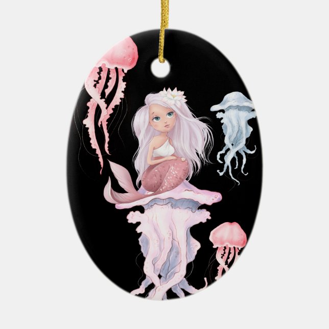 Personalisierte Pink Mermaid und Quallen Weihnacht Keramik Ornament (Vorne)