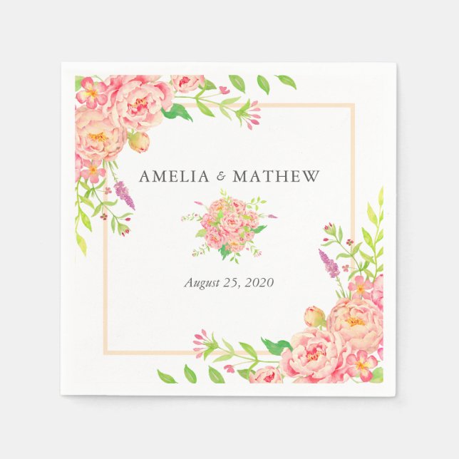 Personalisierte Pink Peony Wedding Serviette (Vorderseite)