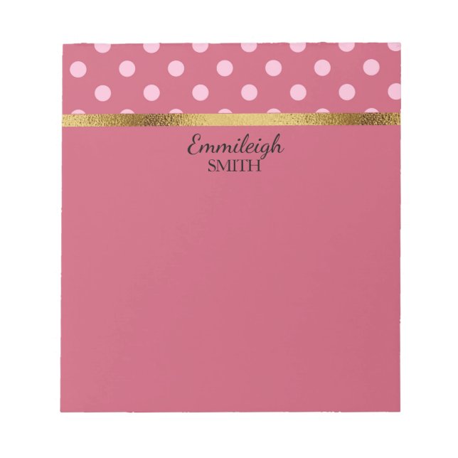 Personalisierte Pink Polka Dots und Gold Notizblock (Vorderseite)